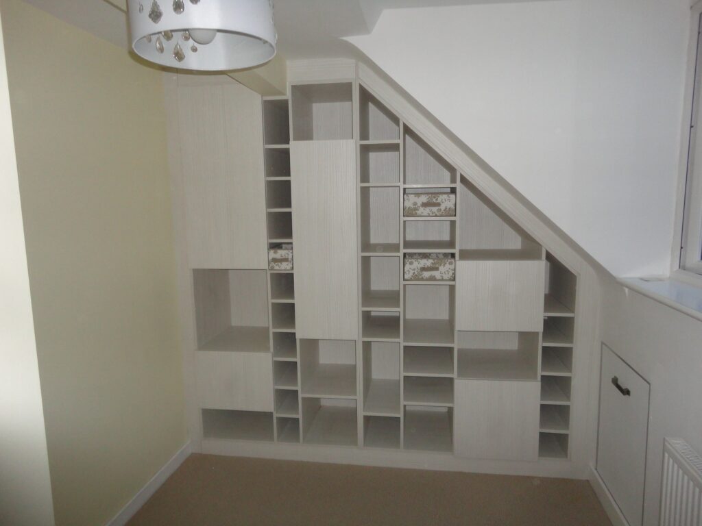 finished bookshelves with doors closed